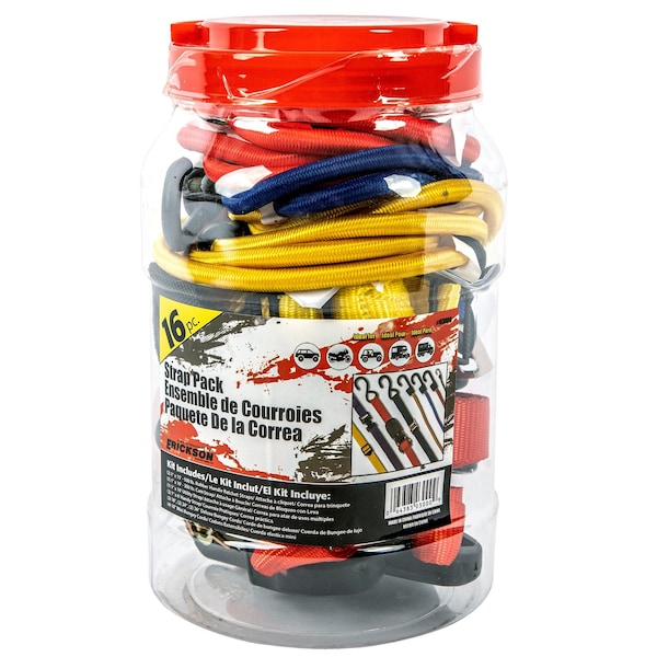 16 Pcs Strap Pack Assorted Tie Downs / Bungey Cords